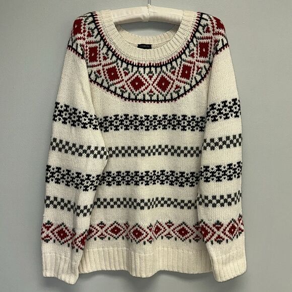 Talbots XL Ivory Red Nordic Fair Isle Wool Blend Knit Crewneck Sweater - Picture 3 of 15
